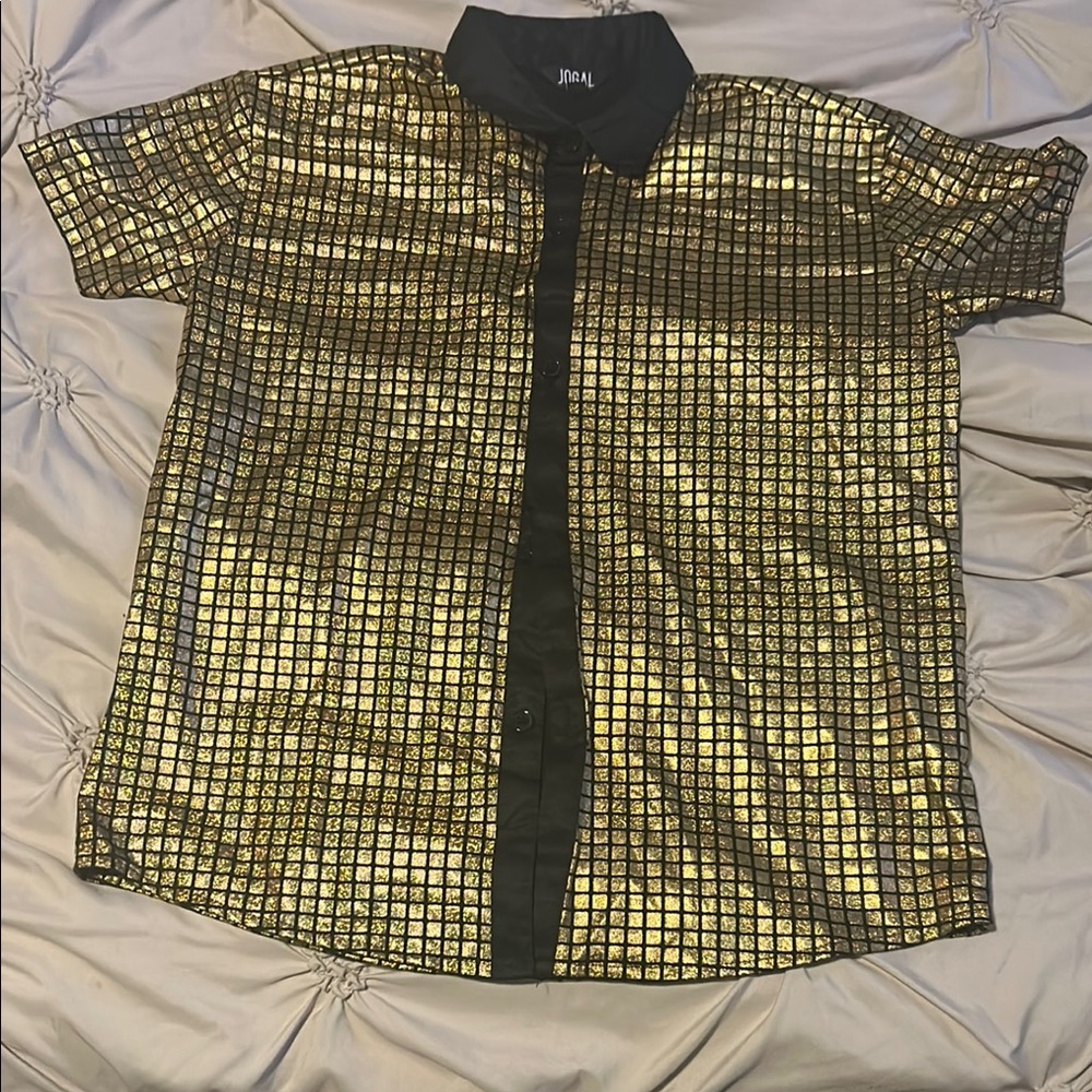 Striking Gold and Black Button Down Shirt with Textured Pattern
